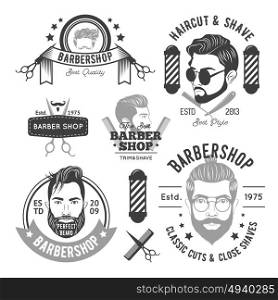 Barbershop Monochrome Emblems . Barbershop monochrome emblems with different men beards hairstyles and hairdresser accessories isolated vector illustration