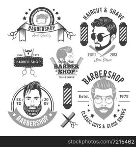 Barbershop monochrome emblems with different men beards hairstyles and hairdresser accessories isolated vector illustration. Barbershop Monochrome Emblems