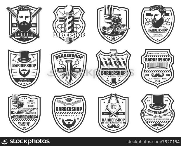 Barbershop mustache and beard razor shaving salon vintage icons. Vector premium gentlemen barber shop or hipster hairdresser pole signs with scissors and hair trim comb or hairbrush. Barbershop man hairdresser salon vintage icons