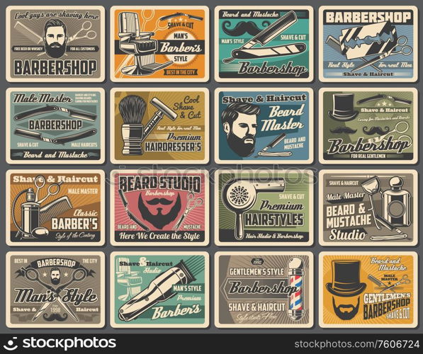 Barbershop mustaches and beard shave, hairdressing salon retro posters. Barber chair and pole signage, hairdresser scissors and gentleman hat, razors, shaving brush and hair dryer. Barber shop, beard shaving, hairdressing salon