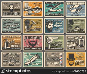 Barbershop mustaches and beard shave, hairdressing salon retro posters. Barber chair and pole signage, hairdresser scissors and gentleman hat, razors, shaving brush and hair dryer. Barber shop, beard shaving, hairdressing salon