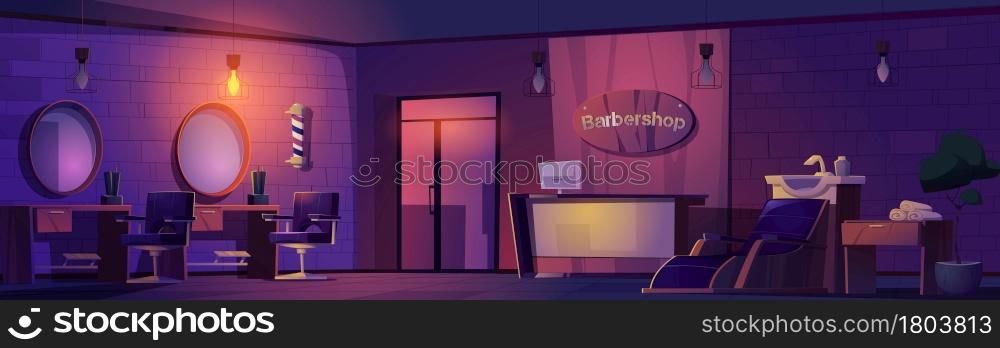 Barbershop night interior, beauty salon in darkness with glowing lamp. Hairdressing studio with furniture and stuff armchair, sink, desk with mirror. Haircut barber shop Cartoon vector illustration. Barbershop night interior, dark beauty salon.