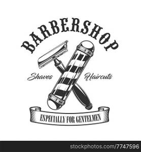 Barbershop pole and razor icon, barber shop salon vector sign. Man haircut, beard and mustaches shaving studio for hipsters and gentlemen with crossed razor blade and barbershop pole. Barbershop pole and razor icon