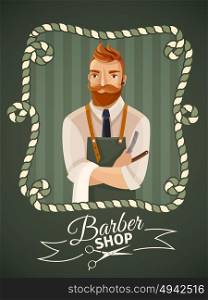 Barbershop Poster Template. Barbershop poster template with hipster male hairdresser in frame cartoon vector illustration