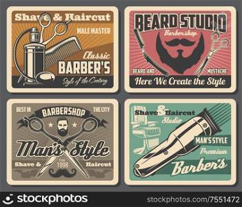 Barbershop professional salon, barber shop hairdresser premium vintage posters. Vector gentleman and hipster beard and mustaches, barber shop chair, shaving razor blade, hair comb and barber scissors. Barber shop vintage poster, barbershop salon