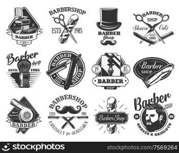 Barbershop retro vector icons. Hair cutting, beard and mustache shaving, pole of barber shop, straight razor and hipster man head, gentleman hairdresser chair, grooming shaver, scissors. Barbershop pole, razor, scissors retro icons