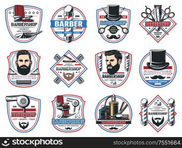 Barbershop salon, gentleman and hipster barber shop hairdresser premium signs. Vector icons of beard and mustaches, barber shop chair, shaving razor blade, hair comb and barber scissors. Gentleman barbershop, hipster barber shop saloon