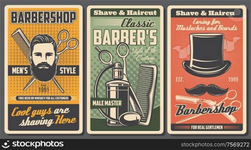 Barbershop salon, shaving, cutting and trimming service. Vector bearded man portrait, crossed brush and scissors, retro cologne perfumes. Shave and haircut, vintage hat and mustaches, men styling shop. Shave, cut and trim. Barbershop salon