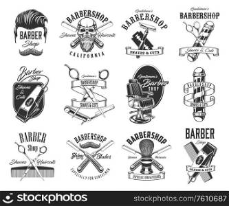 Barbershop, shave and hairdresser vector icons and symbols. Man haircut hipster labels. Barber shop hairdresser gentlemen head, beard and mustaches, shaving razor blade, scissors and barbershop pole. Barbershop, shave and hairdresser icons