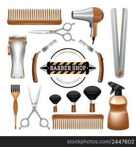 Barbershop sign and tools comb scissors brush razor color decorative icon set isolated vector illustration . Barbershop tools set