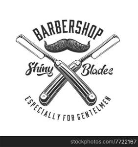 Barbershop straight razor and mustache icon of barber shop vector design. Hair cut and beard shave equipment or hairdresser tools with vintage man moustache isolated symbol or emblem. Barbershop straight razor and mustache icon
