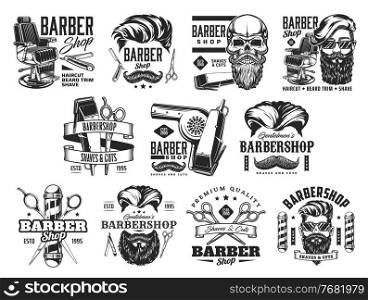 Barbershop vector icons with beard and hair barber shop pole, hipster man skull, razor or shave blade. Hairdresser chair, haircut clipper, mustache brush and scissors, gentleman grooming saloon design. Barbershop icons, beard and hair barber shop pole