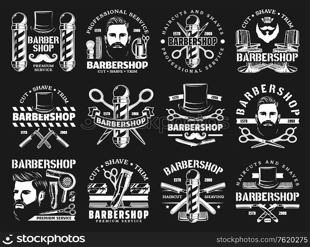 Barbershop vintage premium men haircut salon signs. Vector gentleman hat, mustache and beard, shaving razor blade and barber shop pole signage, hairdryer and clipper with comb and babrber scissors. Barbershop premium haircut salon, beard shaving