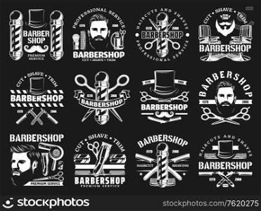 Barbershop vintage premium men haircut salon signs. Vector gentleman hat, mustache and beard, shaving razor blade and barber shop pole signage, hairdryer and clipper with comb and babrber scissors. Barbershop premium haircut salon, beard shaving
