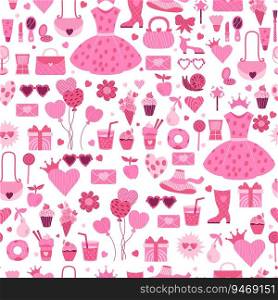 Barbiecore pink doll aesthetic seamless pattern. Glamorous trendy fashion accessories, clothes, handbags, sweet food, gifts, flowers on white background. Vector illustration. National Barbie Day