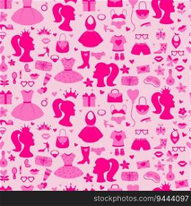 Barbiecore pink seamless pattern. Nostalgic Glamorous trendy things fashion accessories, clothes, handbags, Feminine portrait on pink background. Vector illustration. National Barbie Day March 9