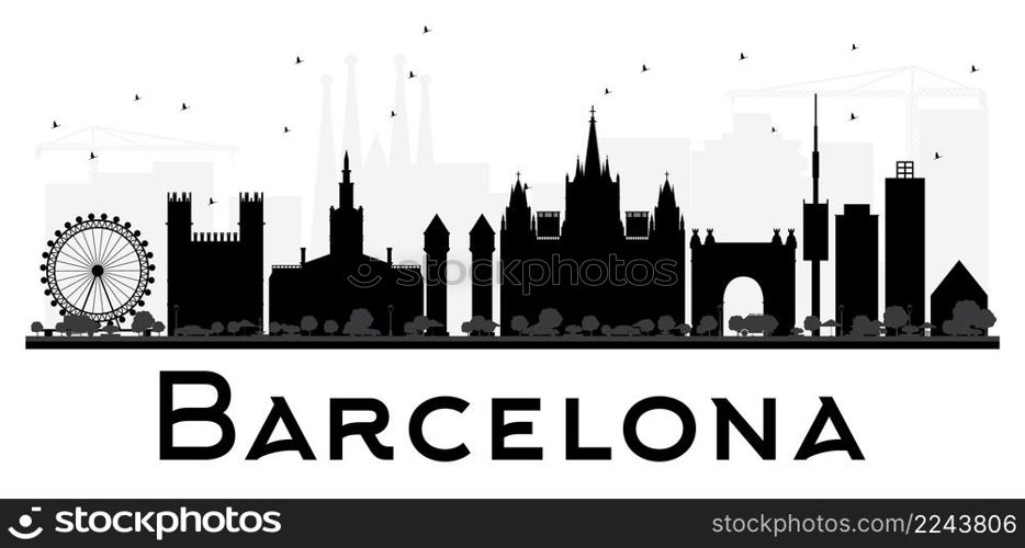 Barcelona City skyline black and white silhouette. Vector illustration. Simple flat concept for tourism presentation, banner, placard or web site. Business travel concept. Cityscape with landmarks