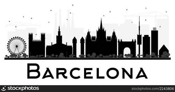 Barcelona City skyline black and white silhouette. Vector illustration. Simple flat concept for tourism presentation, banner, placard or web site. Business travel concept. Cityscape with landmarks