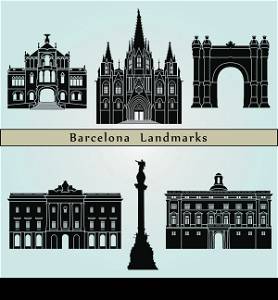 Barcelona landmarks and monuments isolated on blue background in editable vector file