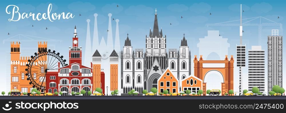 Barcelona Skyline with Color Buildings and Blue Sky. Vector Illustration. Business Travel and Tourism Concept with Historic Buildings. Image for Presentation Banner Placard and Web Site.
