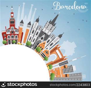 Barcelona Skyline with Color Buildings, Blue Sky and Copy Space. Vector Illustration. Business Travel and Tourism Concept with Historic Buildings. Image for Presentation Banner Placard and Web Site.