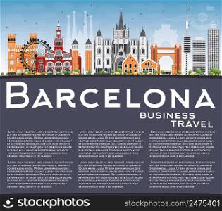 Barcelona Skyline with Color Buildings, Blue Sky and Reflections. Vector Illustration. Business Travel and Tourism Concept with Historic Buildings. Image for Presentation Banner Placard and Web Site.