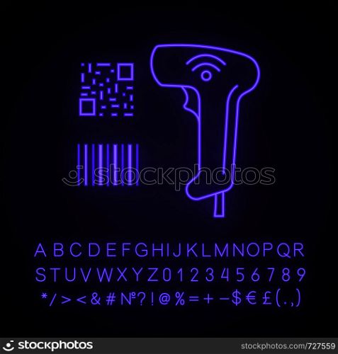 Barcode and QR code scanner neon light icon. Wifi barcodes handheld reader. QR codes and traditional barcodes reading device. Glowing sign with alphabet, numbers. Vector isolated illustration. Barcode and QR code scanner neon light icon