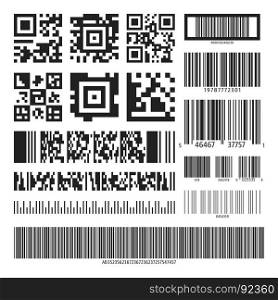 Barcode and QR code set. Collection various black bar codes, qr codes isolated on white background. Vector illustration.. Barcode and QR code set