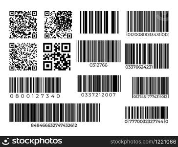 Barcode and QR code set. Scan bar industrial or supermarket label. Vector modern identification items scanning barcode badges sign. Barcode and QR code set. Scan bar industrial or supermarket label. Vector scanning barcode sign