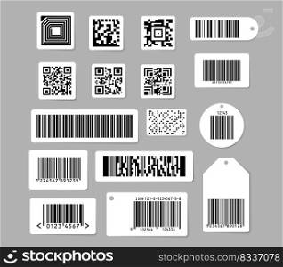 Barcode and QR code vector illustrations set. Various digital bar codes labels and tags design elements collection. Isolated flat vector illustration on grey background.