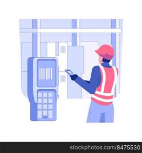 Barcode reader isolated concept vector illustration. Warehouse worker using barcode scanner to identify goods, wholesale business, foreign trade, inventory technologies vector concept.. Barcode reader isolated concept vector illustration.
