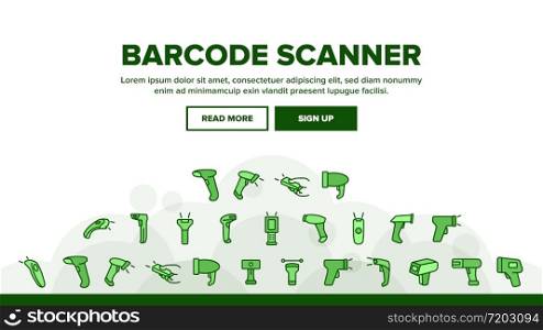 Barcode Scanner Device Landing Web Page Header Banner Template Vector. Scanner Electronic Equipment For Scanning And Reading Product Special Bar Code Illustrations. Barcode Scanner Device Landing Header Vector