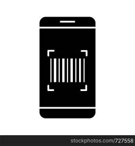 Barcode scanning app glyph icon. Smartphone reading linear barcode. One dimensional code scanner. Silhouette symbol. Negative space. Vector isolated illustration. Barcode scanning app glyph icon