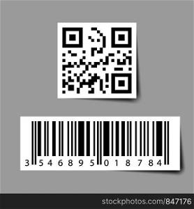 barcode with qr code on paper with shadow. Eps10. barcode with qr code on paper with shadow