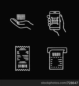 Barcodes chalk icons set. Linear barcode in hand, QR codes scanning app, cash receipt, ATM paper check. Isolated vector chalkboard illustration. Barcodes chalk icons set