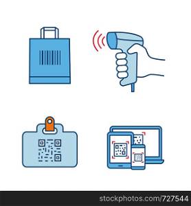 Barcodes color icons set. QR code identification card, handheld barcode scanner, shopping bag, QR codes on different devices. Isolated vector illustrations. Barcodes color icons set