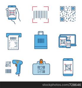Barcodes color icons set. Smartphone barcode scanning app, linear, QR codes, ATM cash receipt, shopping bag, handheld bar code scanner, id card. Isolated vector illustrations. Barcodes color icons set