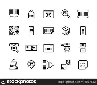 Barcodes line icons. Ticket with QR code and mobile application with price tags, product label and barcode scanner vector set. Sign or symbol scanning stamp for logistics distribute delivery. Barcodes line icons. Ticket with QR code and mobile application with price tags, product label and barcode scanner vector set