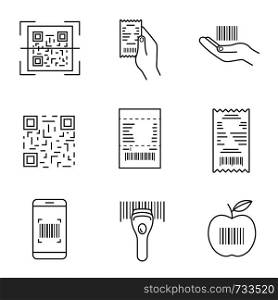 Barcodes linear icons set. QR and linear codes scanning app, device, cash receipt, barcode in hand, product bar code. Contour symbols. Isolated vector outline illustrations. Editable stroke. Barcodes linear icons set