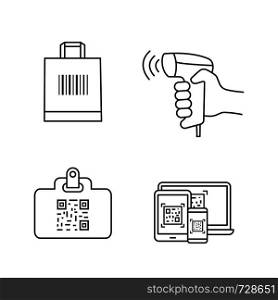 Barcodes linear icons set. QR code identification card, handheld barcode scanner, shopping bag, QR codes on different devices. Contour symbols. Isolated vector outline illustrations. Editable stroke. Barcodes linear icons set