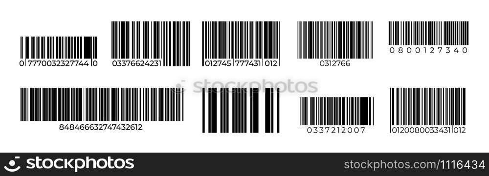Barcodes. Product identification stripped sign, digital mark for laser check and supermarket price label. Vector retail tracking symbols set, sample bar retail sticker labels packaging for scan reader. Barcodes. Product identification stripped sign, digital mark for laser check and supermarket price label. Vector retail tracking symbols set
