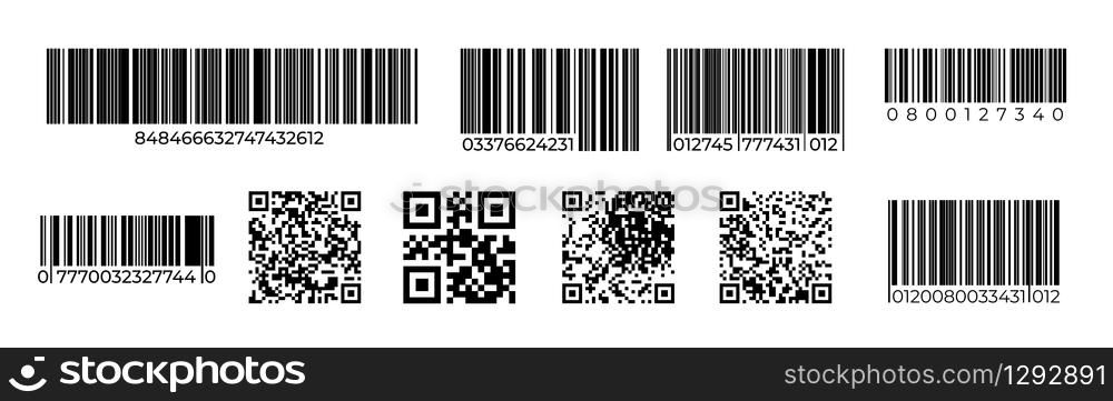 Barcodes. QR code product identification mark, price tag for laser scan, retail number code. Vector scanning unique stripped barcode symbols set. Barcodes. QR code product identification mark, price tag for laser scan, retail number code. Vector stripped barcode set