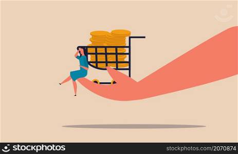 Bargain trade with the buyer. Hand holds a cart with money gold coins and a woman sits on the hand vector illustration. Business purchases at a good price consumer. People invest in sales for profit