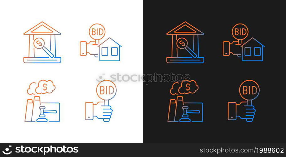 Bargaining for property gradient icons set for dark and light mode. Auction house. Bidding. Thin line contour symbols bundle. Isolated vector outline illustrations collection on black and white. Bargaining for property gradient icons set for dark and light mode