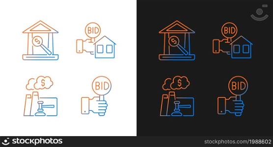 Bargaining for property gradient icons set for dark and light mode. Auction house. Bidding. Thin line contour symbols bundle. Isolated vector outline illustrations collection on black and white. Bargaining for property gradient icons set for dark and light mode