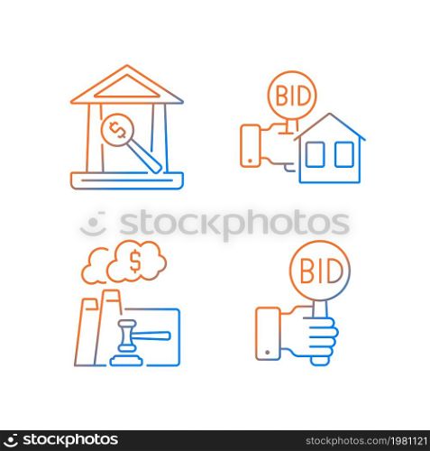Bargaining for property gradient linear vector icons set. Real estate selling. Emission auction. Auction house. Bidding. Thin line contour symbols bundle. Isolated outline illustrations collection. Bargaining for property gradient linear vector icons set