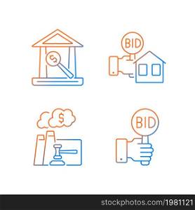 Bargaining for property gradient linear vector icons set. Real estate selling. Emission auction. Auction house. Bidding. Thin line contour symbols bundle. Isolated outline illustrations collection. Bargaining for property gradient linear vector icons set