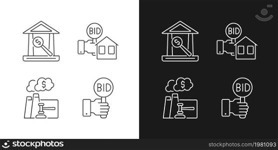 Bargaining for property linear icons set for dark and light mode. Real estate selling. Emission auction. Bidding. Customizable thin line symbols. Isolated vector outline illustrations. Editable stroke. Bargaining for property linear icons set for dark and light mode