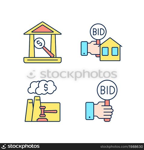 Bargaining for property RGB color icons set. Real estate selling. Emission auction. Auction house. Bidding. Isolated vector illustrations. Simple filled line drawings collection. Editable stroke. Bargaining for property RGB color icons set