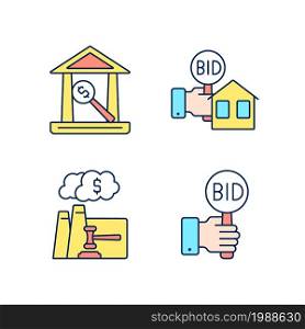 Bargaining for property RGB color icons set. Real estate selling. Emission auction. Auction house. Bidding. Isolated vector illustrations. Simple filled line drawings collection. Editable stroke. Bargaining for property RGB color icons set